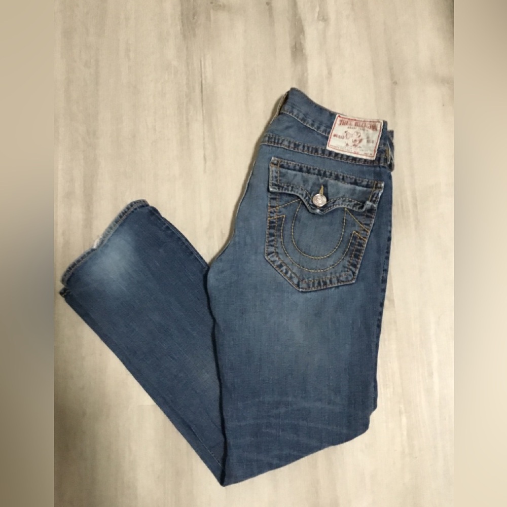 True Religion Ricky Big T Loose Fit Distressed Wash Yellow Stitching Jeans 34